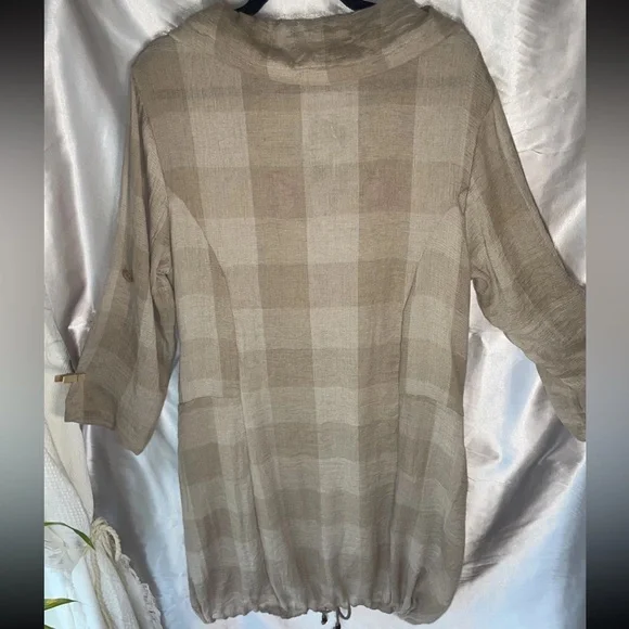 Natural Plaid Check Lagenlook Tunic Dress Size Large Drawstring Button Front - Picture 5 of 14